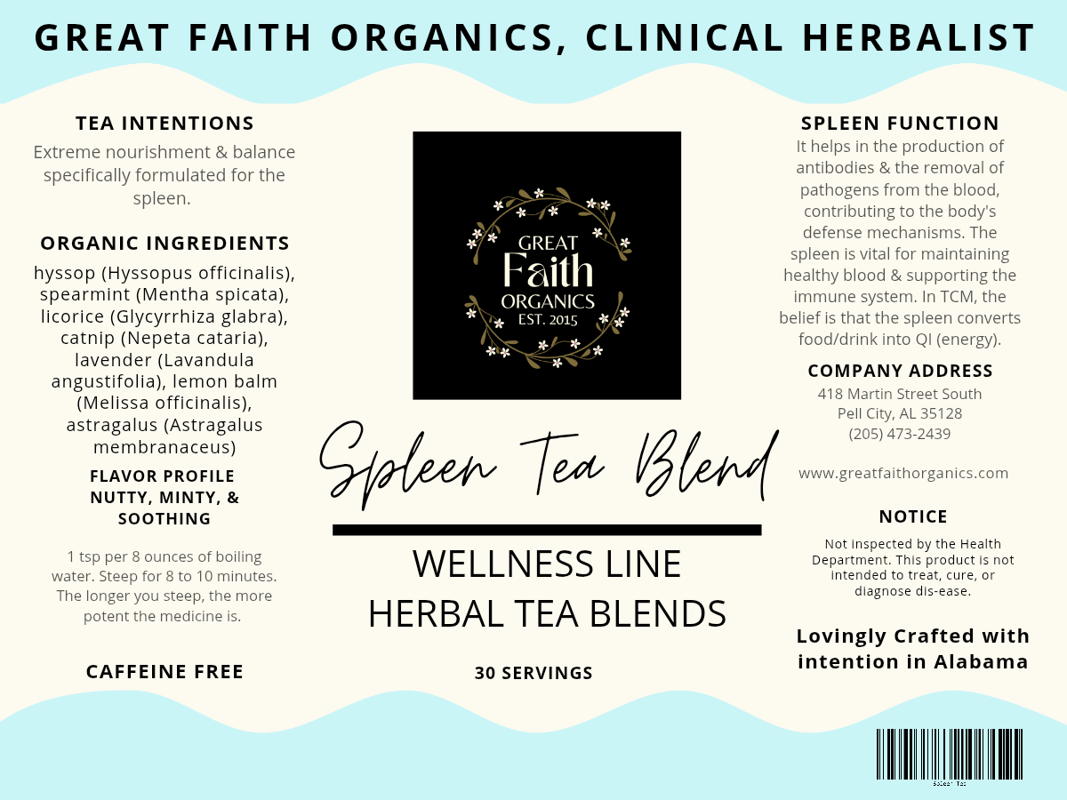 Label for Great Faith Organics Spleen Tea Blend with product details and branding.