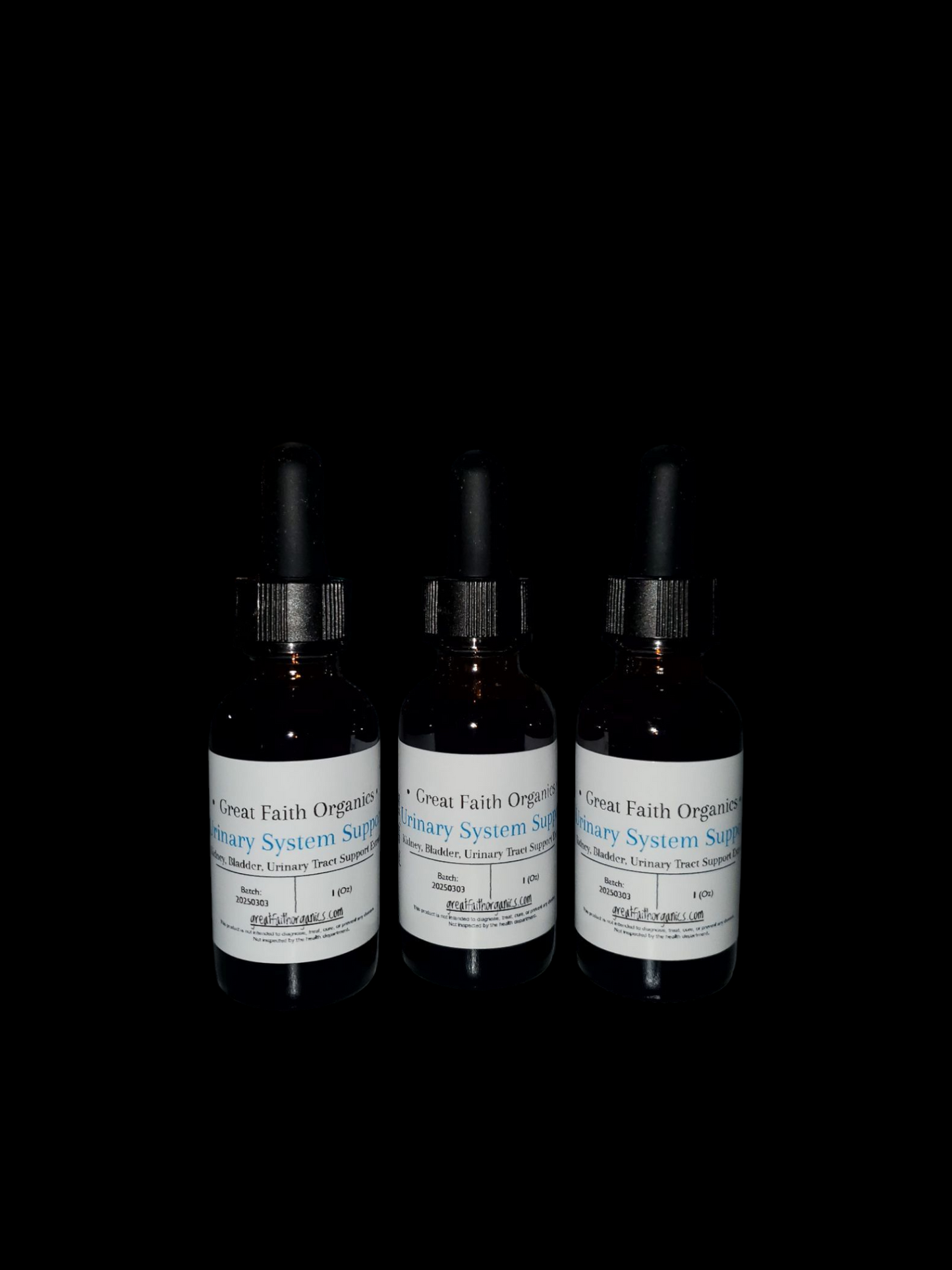 Packaged urinary support extract packaged in amber glass jars on a black background.