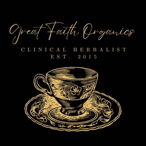 Logo for Great Faith Organics Clinical Herbalist with a tea cup illustration on a black background.