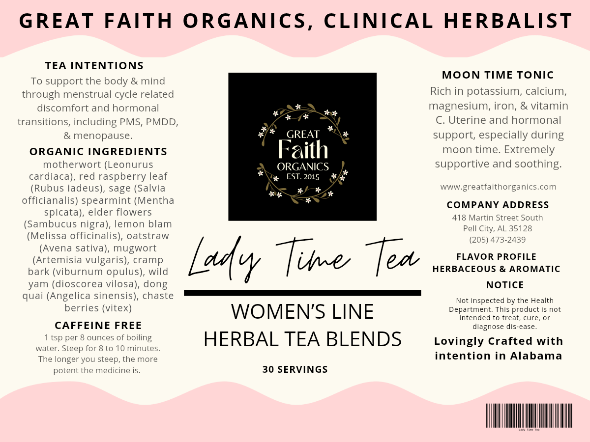 Label for Great Faith Organics Lady Time Tea with product details and branding.
