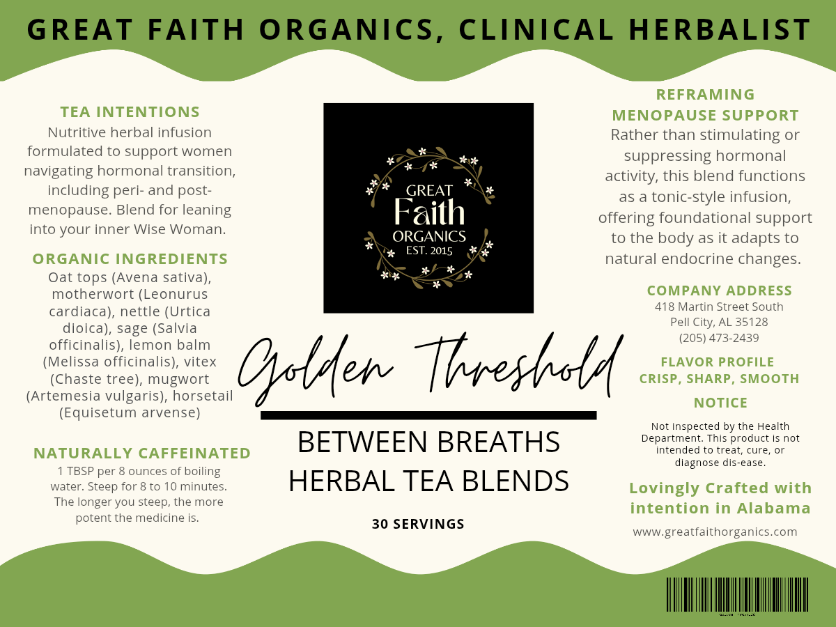 Label for Great Faith Organics herbal tea blends with text and branding details.