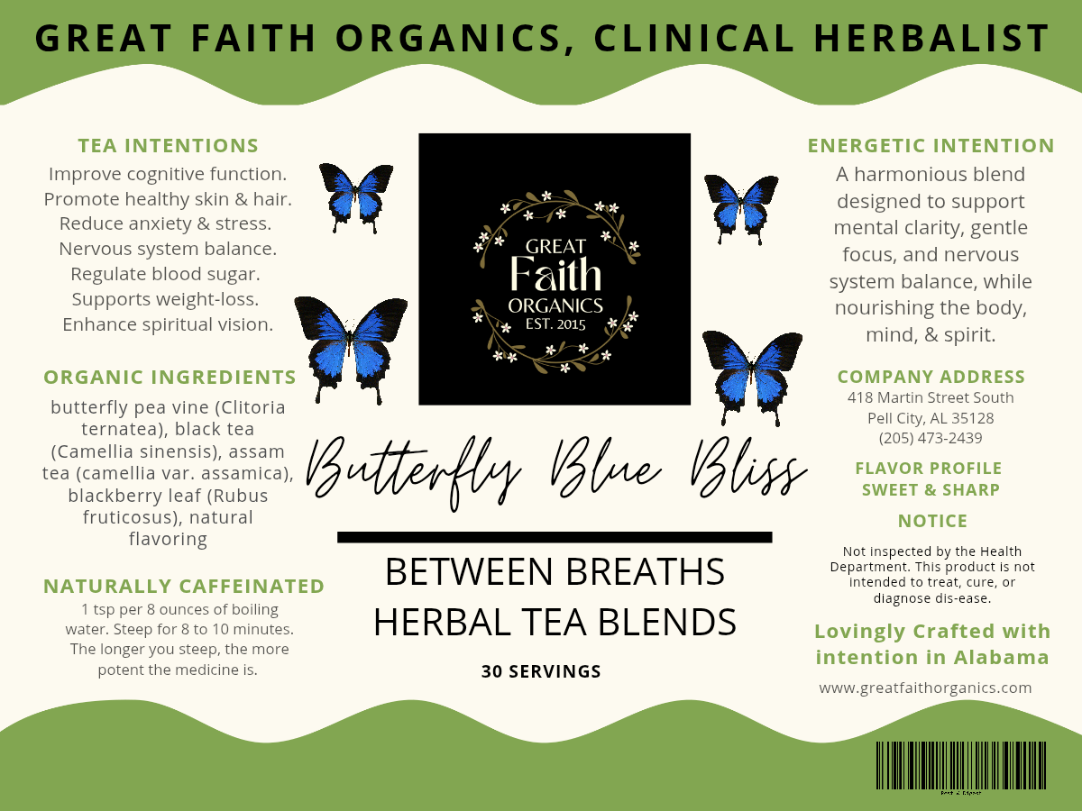 Label for Great Faith Organics Butterfly Blue Bliss herbal tea blend with butterfly illustrations and product details.