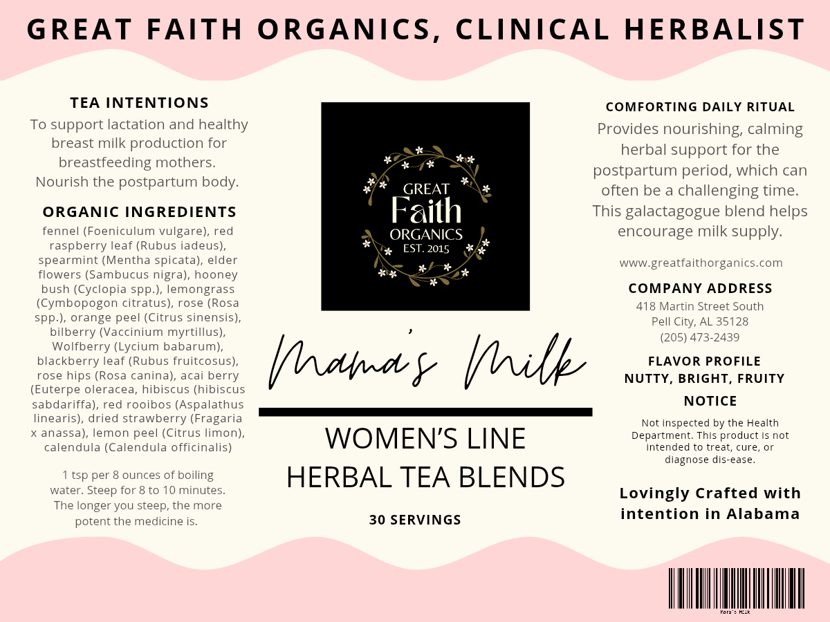 Label for Great Faith Organics herbal tea blends with text and branding details.