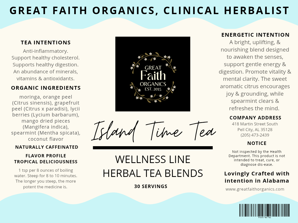 Label for Great Faith Organics Island Time Tea with product details and branding.
