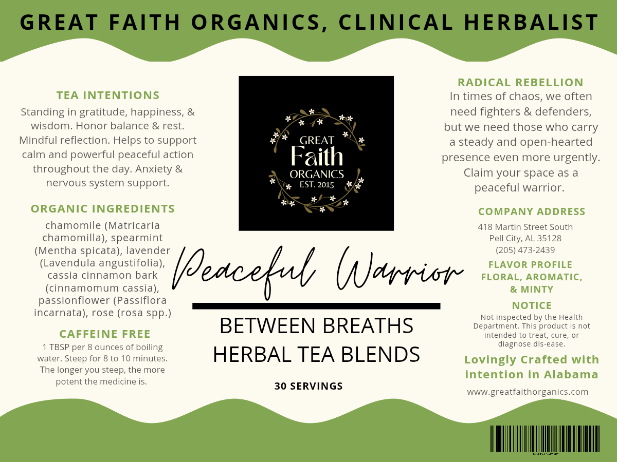 Label for Great Faith Organics Herbal Tea Blends with text and branding elements.
